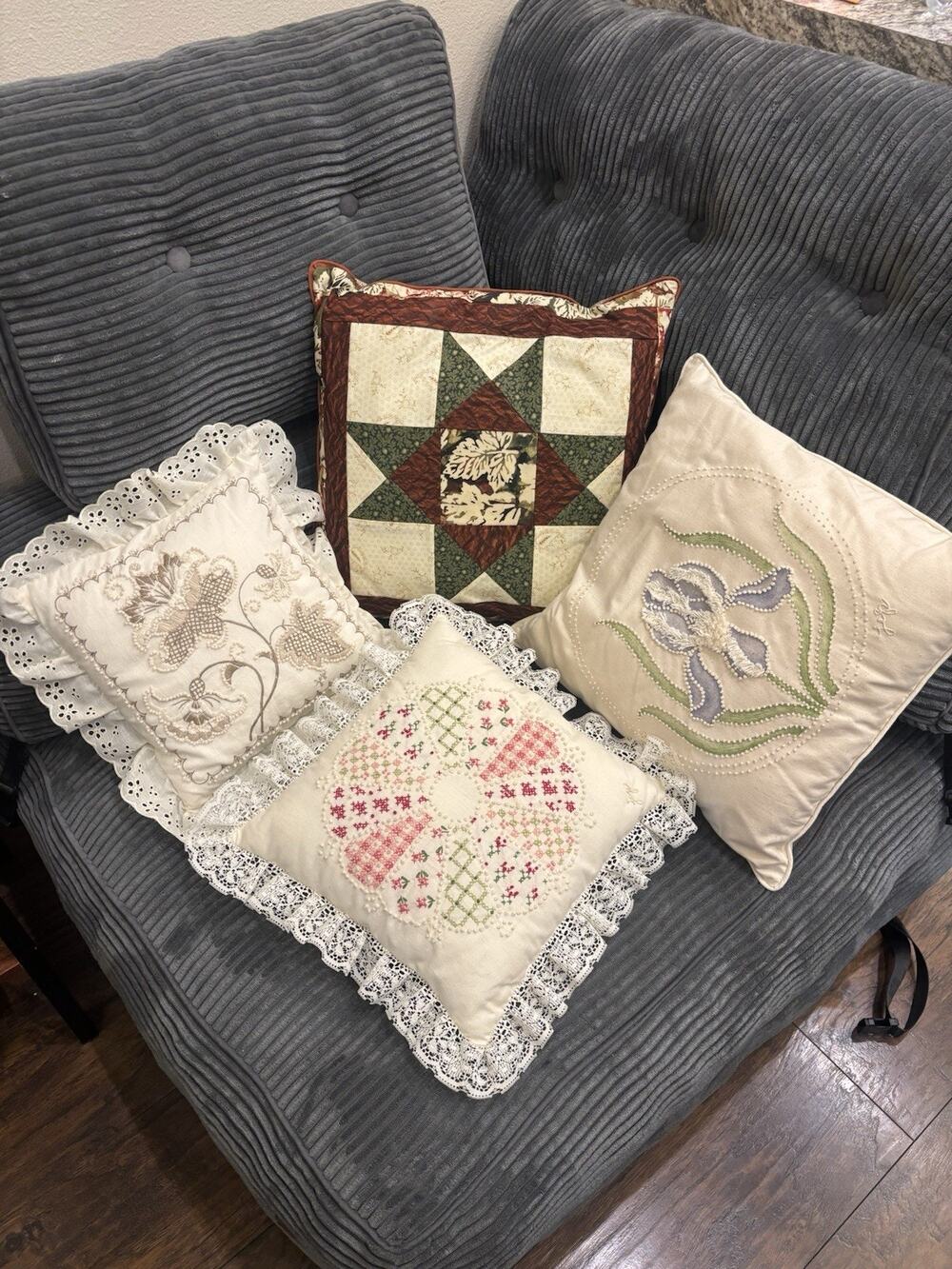 Vtg Lot Of 4 Needlepoint & Cross-stitched Pillows Cottagecore or Country Decor